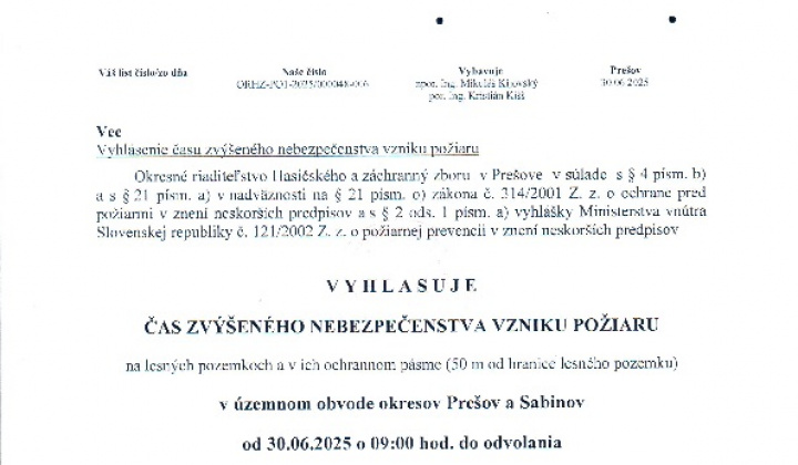 1. fotografia fotogalérie Aktuality / Vyhlásenie času zvýšeného nebezpečenstva vzniku požiaru – 30.6.2025 o 9.00 hod. do odvolania - foto
