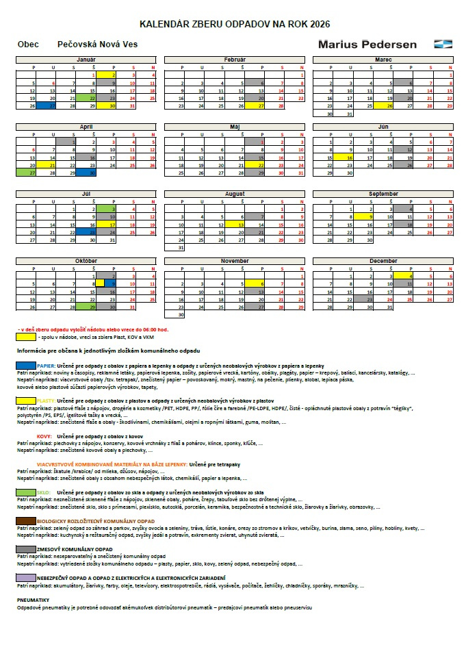 Kalendár zberu odpadov na rok 2026