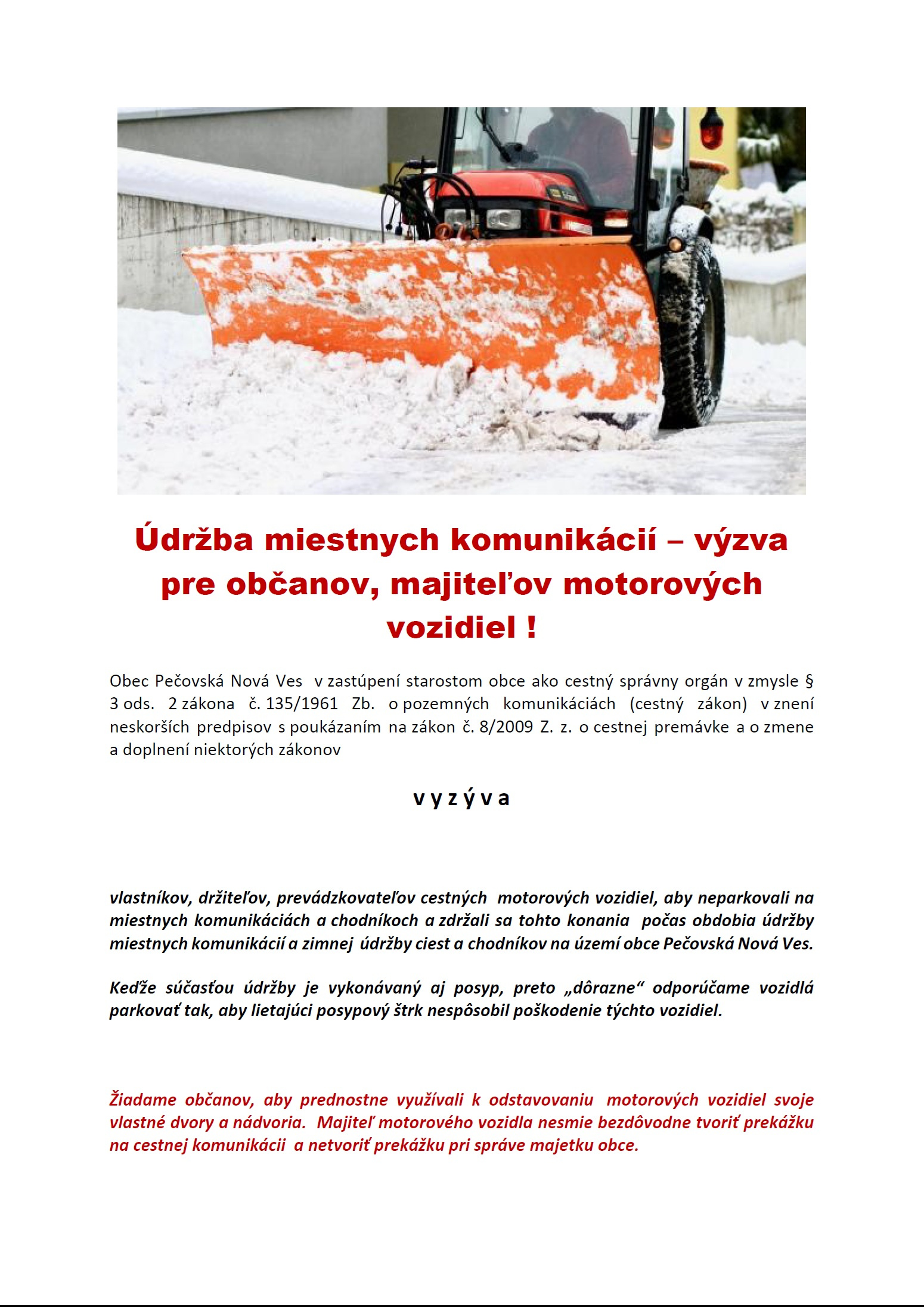 Údržba miestnych komunikácií - výzva pre občanov, majiteľov motorových vozidiel