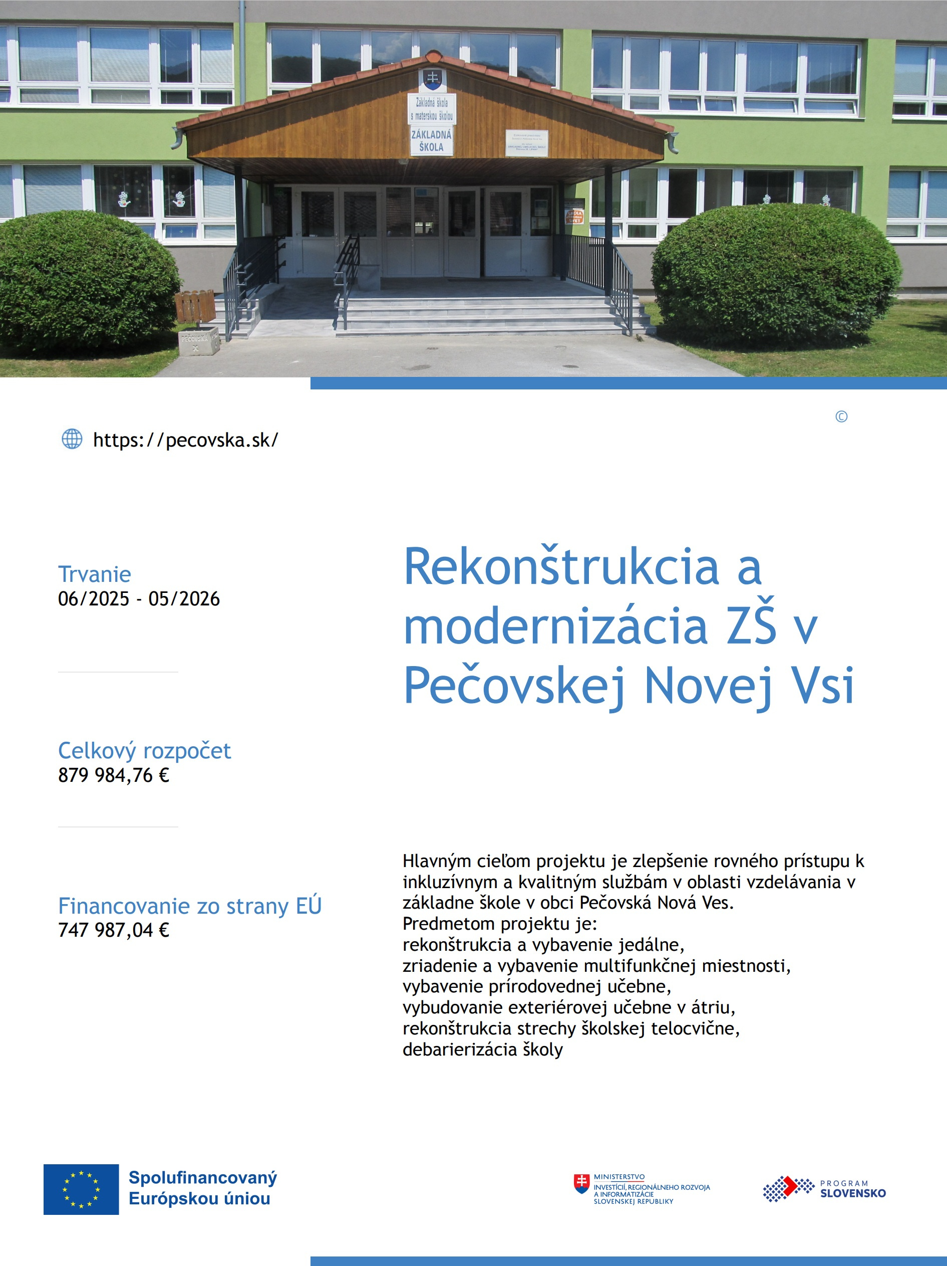 Rekonštrukcia a modernizácia Základnej školy v Pečovskej Novej Vsi