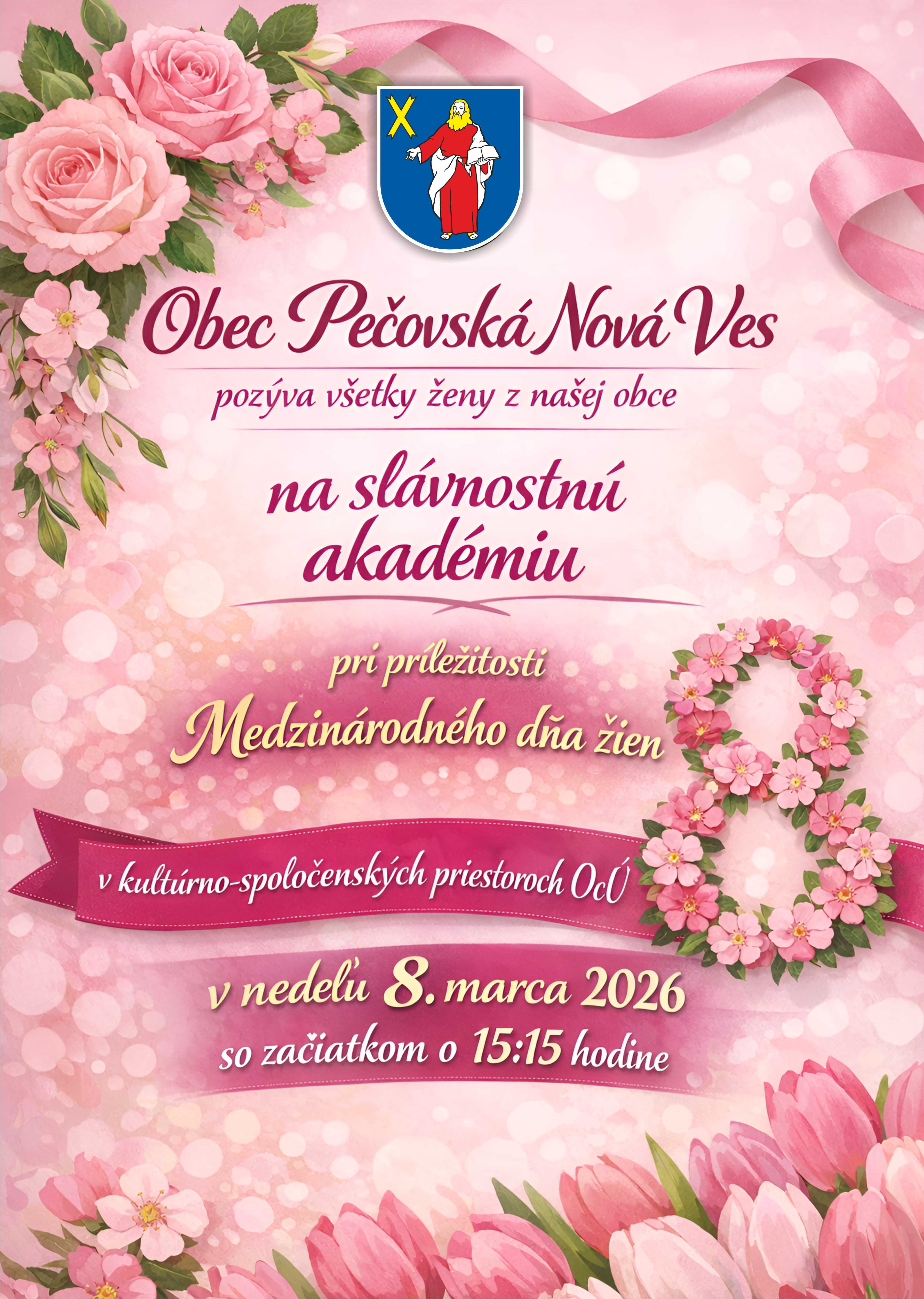 Pozvánka na slávnostnú akadémiu pri príležitosti MDŽ 8.3.2026 o 15.15 hod.