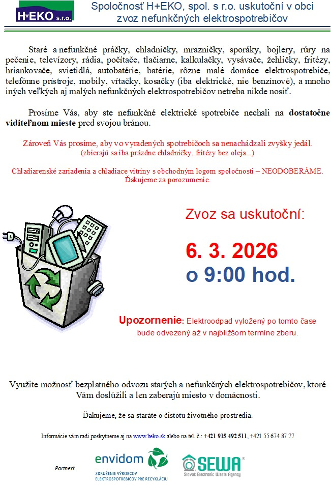 Zber elektroodpadu - 6.3.2026 o 9.00 hod.