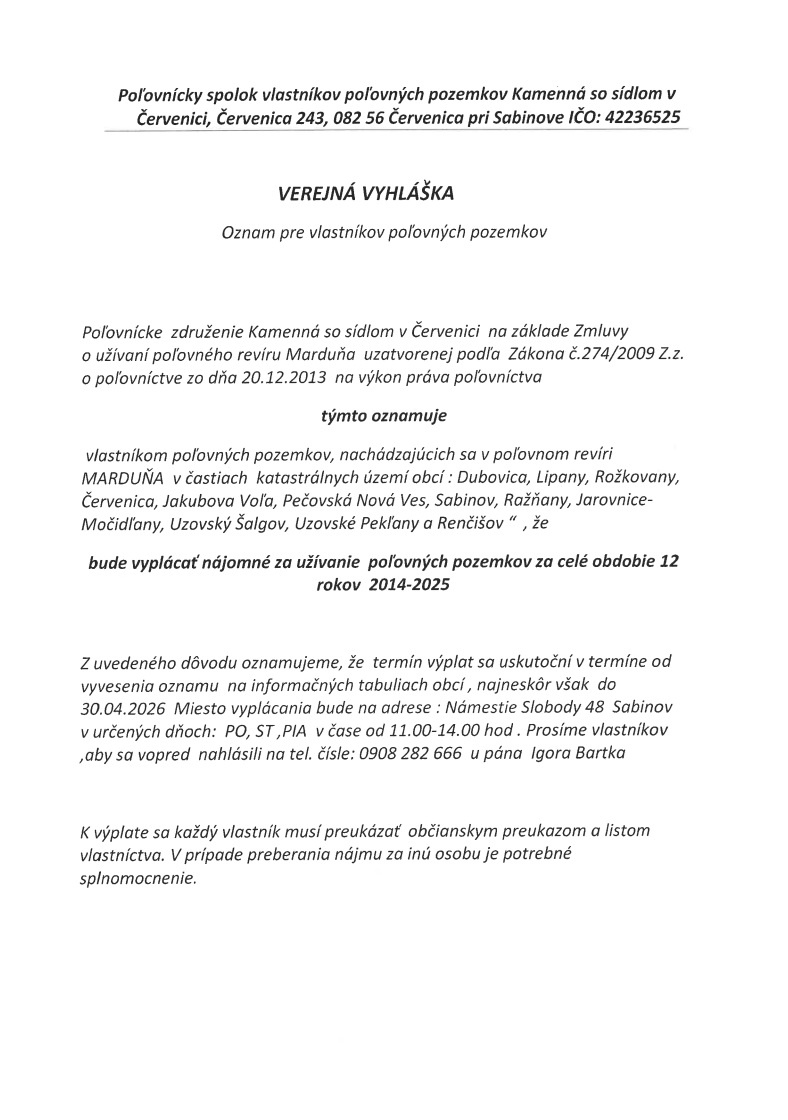 Verejná vyhláška oznam pre vlastníkov poľovných pozemkov Kamenná