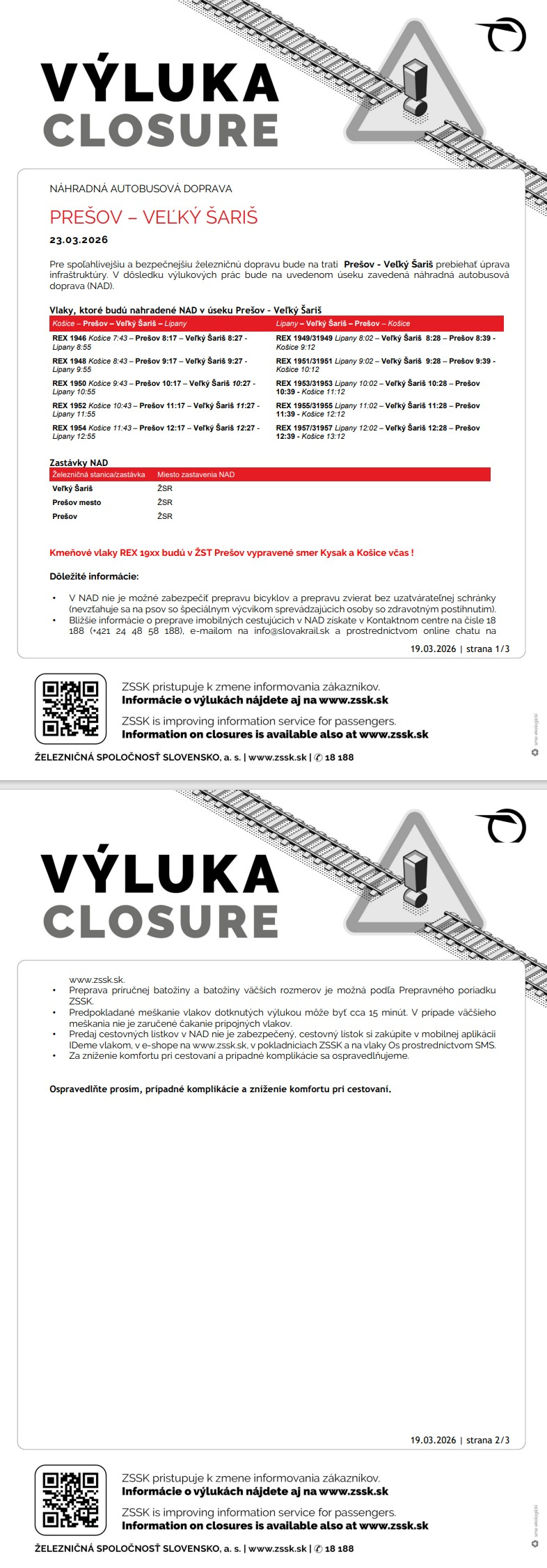 Výluka Prešov - Veľký Šariš - 23.03.2026