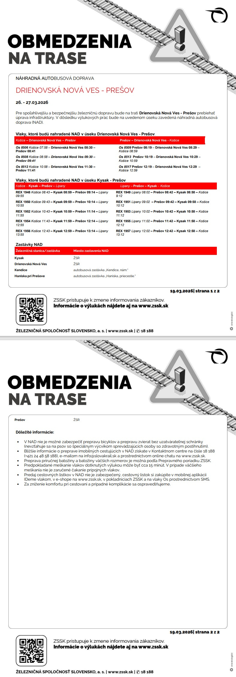 Výluka Drienovská Nová Ves - Prešov - 26.3.2026, 27.3.2026