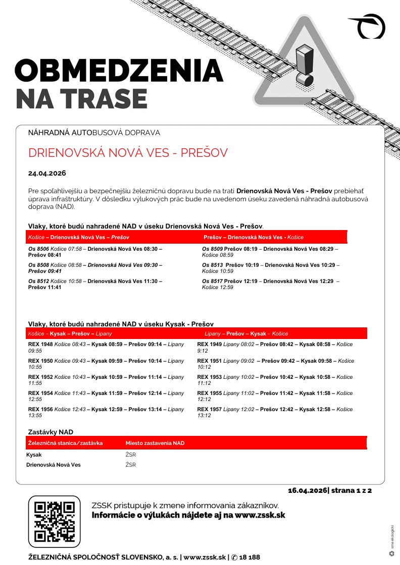 Výluka Drienovská Nová Ves - Prešov - 24.4.2026