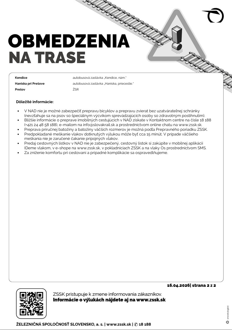 Výluka Drienovská Nová Ves - Prešov - 24.04.2026