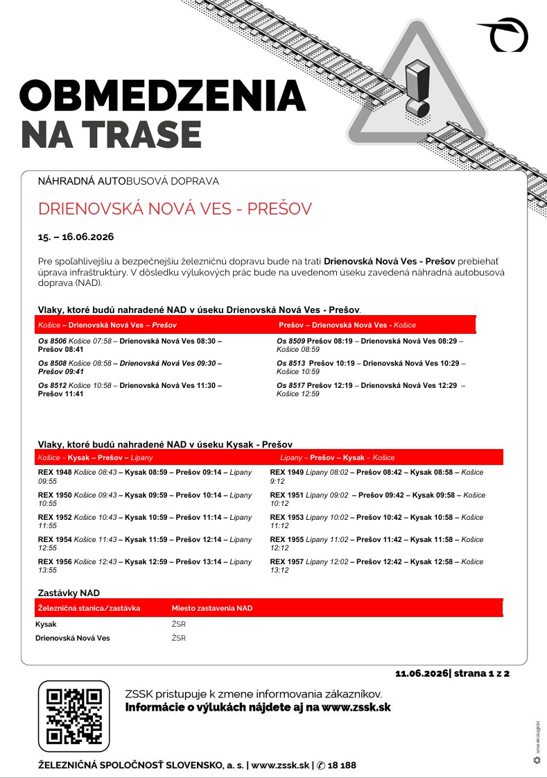 Výluka Drienovská Nová Ves - Prešov 15.06.2026 - 16.06.2026