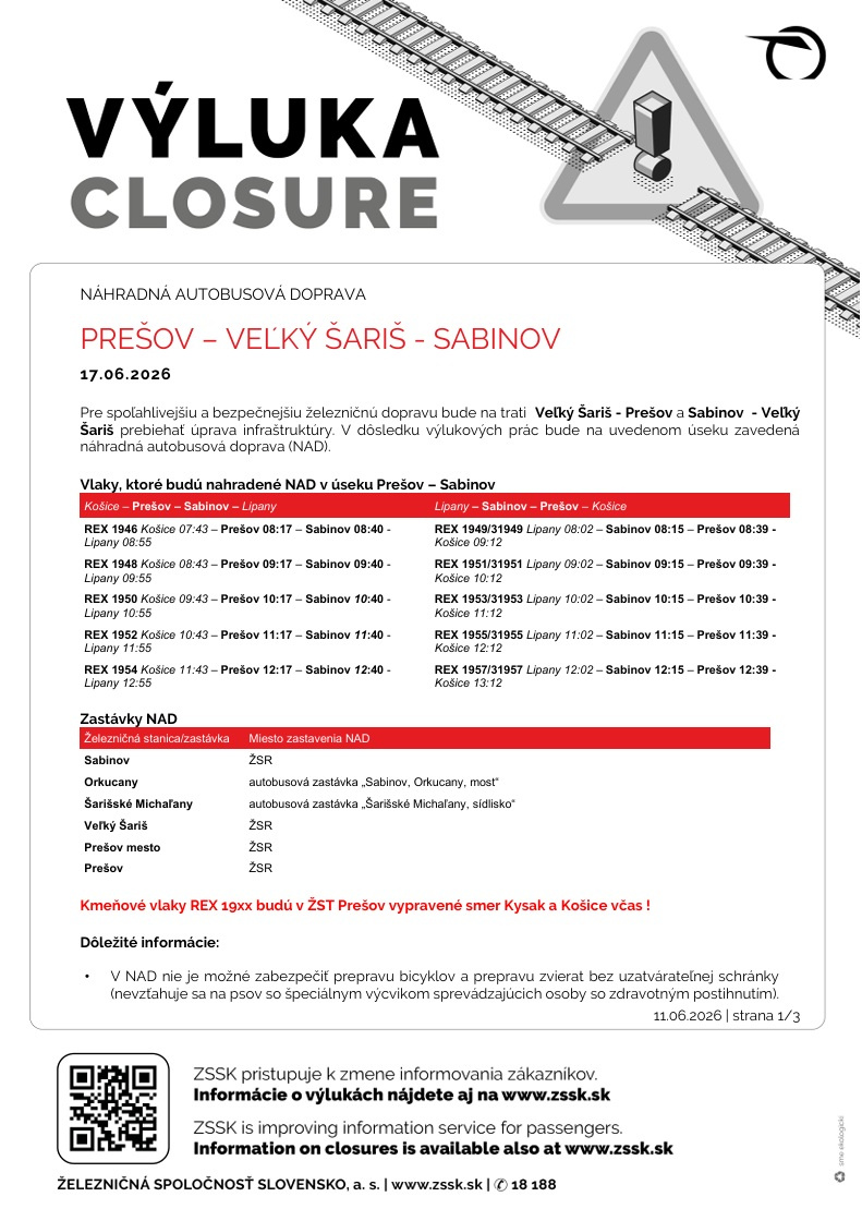 Výluka Prešov - Veľký Šariš - Sabinov - 17.06.2026