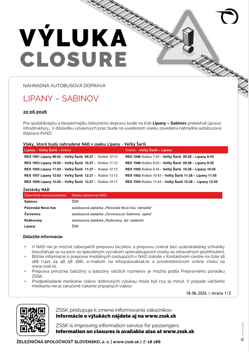 Výluka Lipany - Sabinov - 22.6.2026