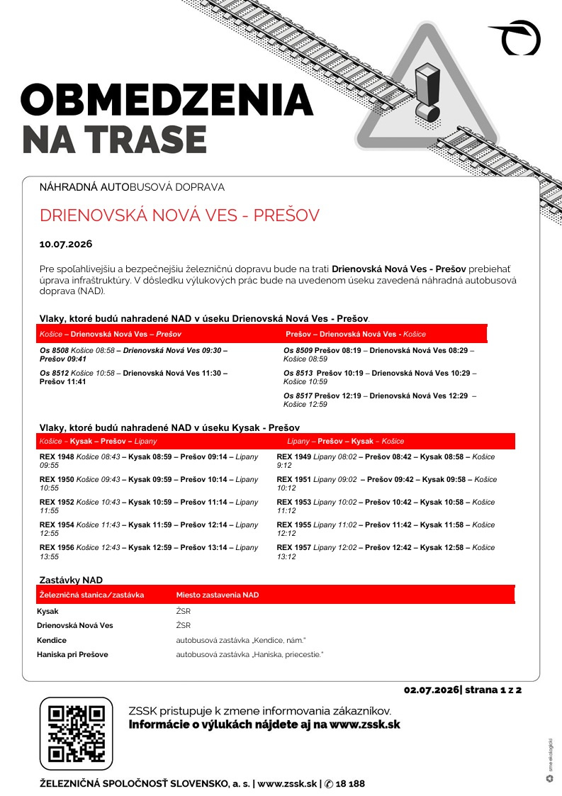 Výluka Drienovská Nová Ves - Prešov - 10.7.2026