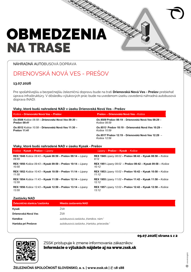 Výluka Drienovská Nová Ves - Prešov - 13.7.2026