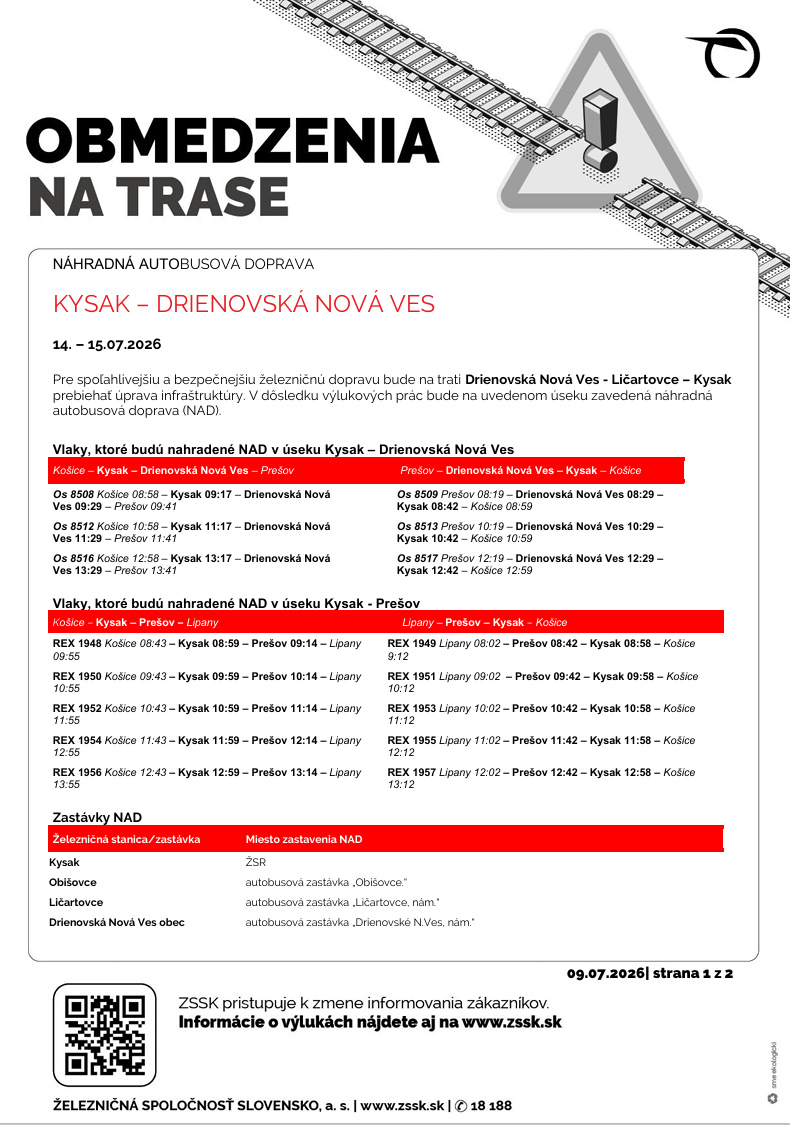 Výluka Kysak - Drienovská Nová Ves - 14.7.2026 - 15.7.2026