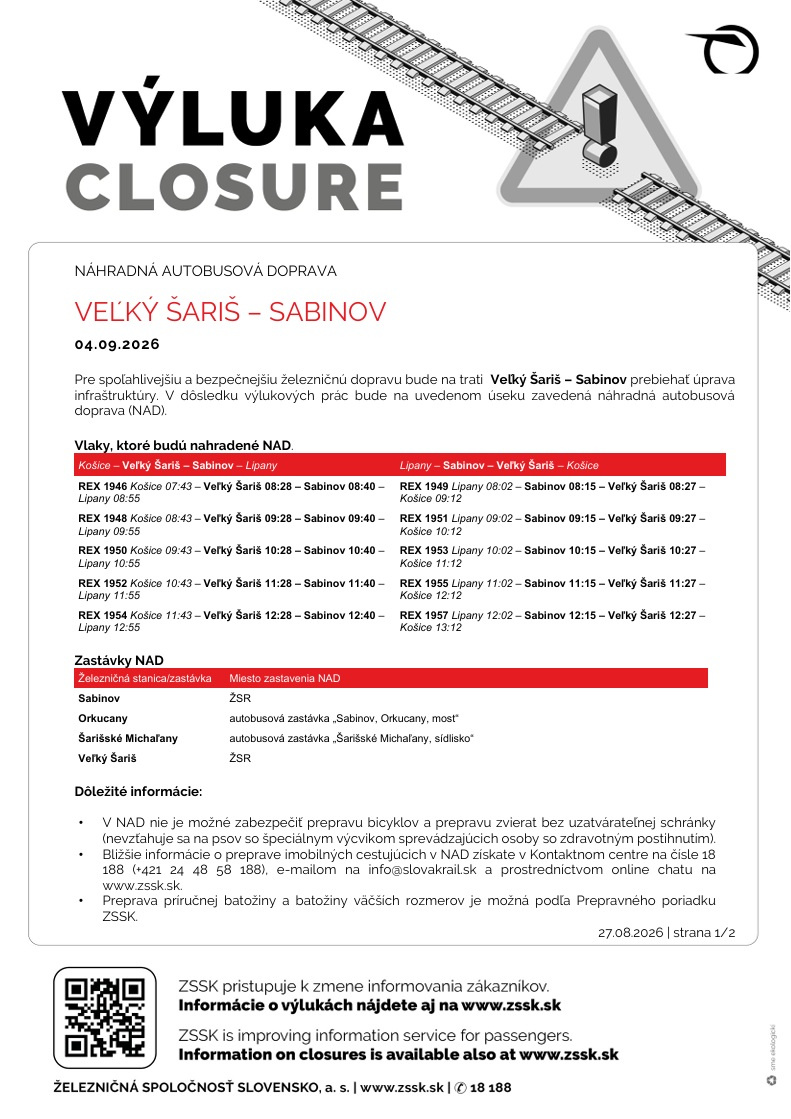 Výluka Veľký Šariš - Sabinov 4.9.2026