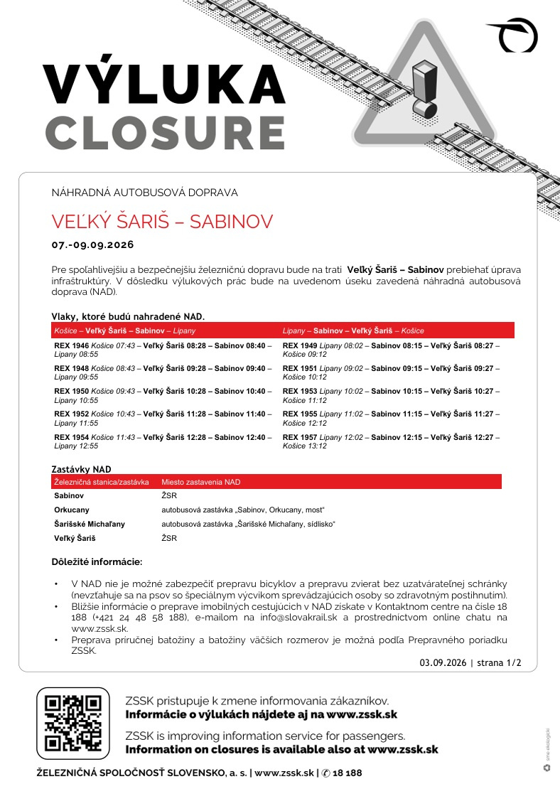 Výluka Veľký Šariš - Sabinov 7.9.2026 - 9.9.2026
