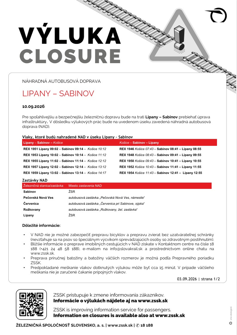 Výluka Lipany - Sabinov 10.9.2026