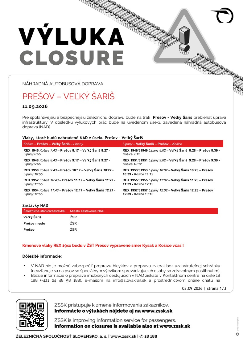 Výluka Prešov - Veľký Šariš 11.9.2026