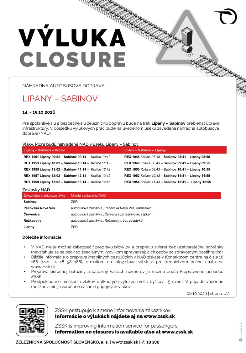 Výluka Lipany - Sabinov 14.10.2026 - 15.10.2026