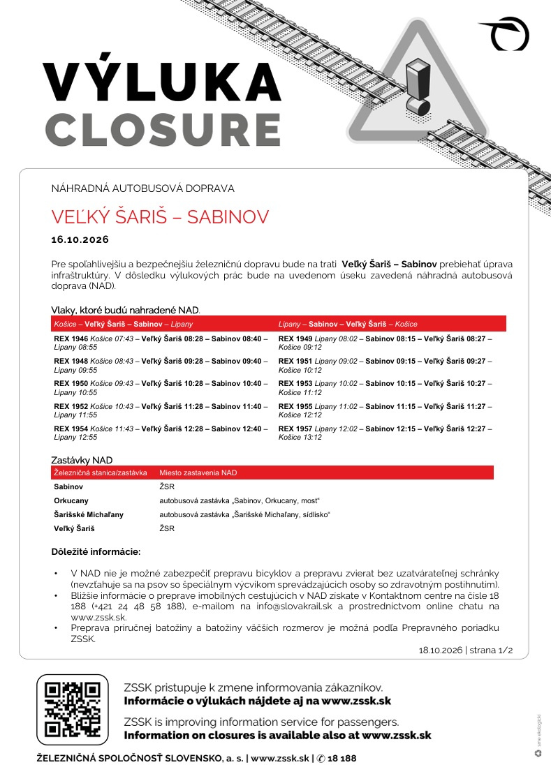 Výluka Veľký Šariš - Sabinov 16.10.2026