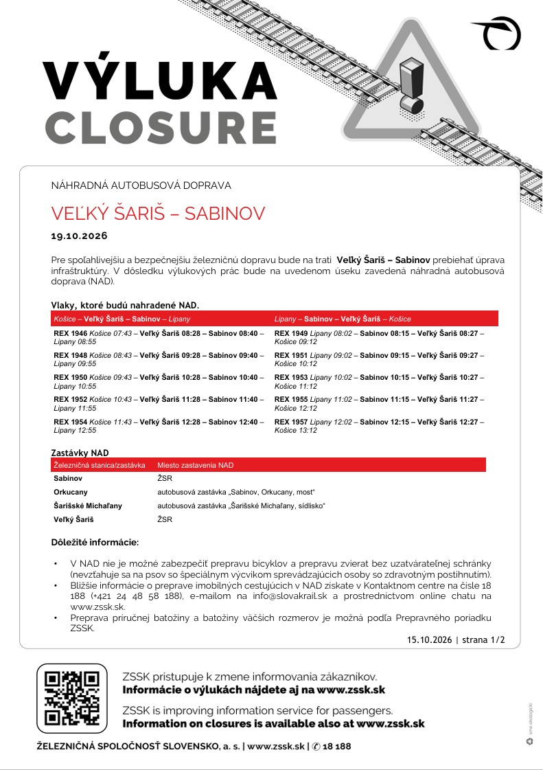 Výluka Veľký Šariš - Sabinov - 19.10.2026