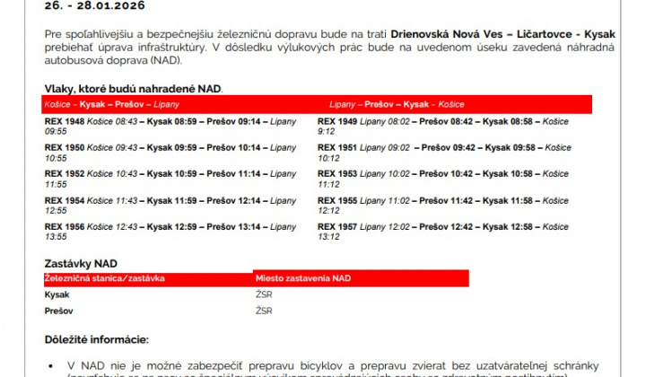 Fotka - Výluky v železničnej doprave - 26.1.2026 - 28.1.2026, 30.1.2026