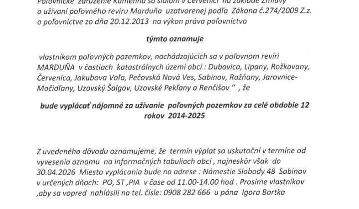 Fotka - Verejná vyhláška - Oznam pre vlastníkov poľovných pozemkov