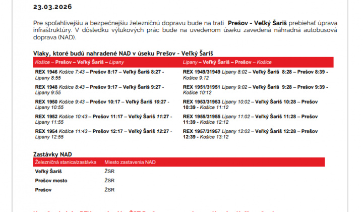 Fotka - Výluky v železničnej doprave - 23.3.2026, 26.3.2026, 27.3.2026