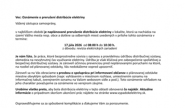 Fotka - Oznámenie o prerušení distribúcie elektriny - 17.7.2026 od 8:00 h do 10:30 h