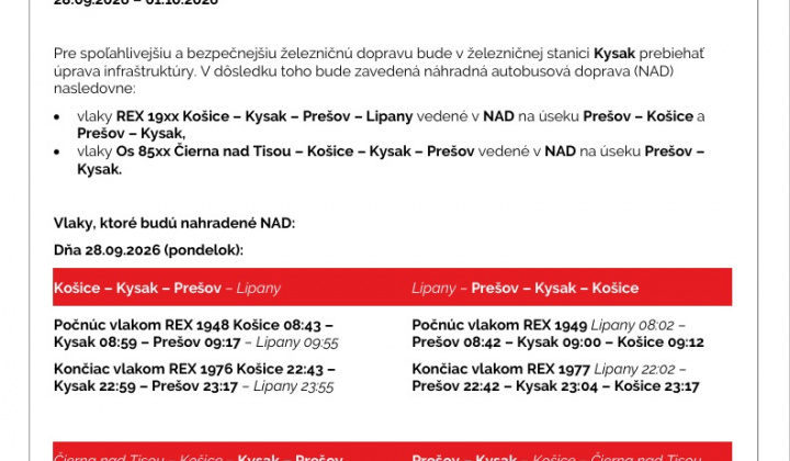 Fotka - Nepretržitá výluka v železničnej doprave na trase Prešov - Kysak - Košice - 28.9.2026 - 1.10.2026