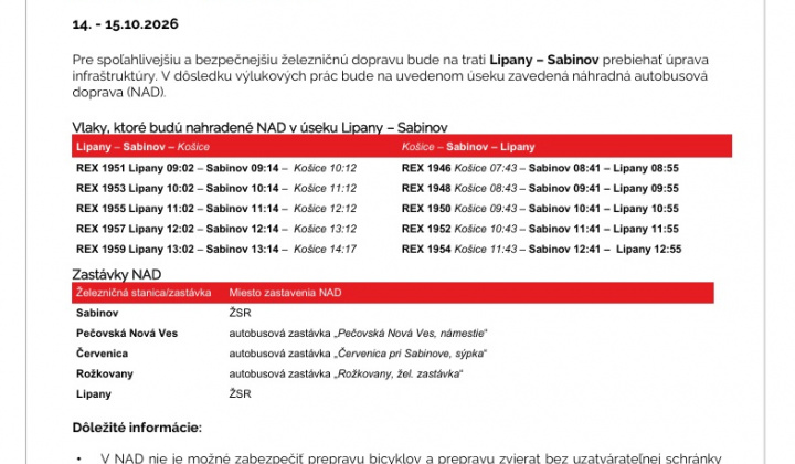 Fotka - Výluka v železničnej doprave na trati Lipany - Sabinov 14.10.2026 - 15.10.2026 