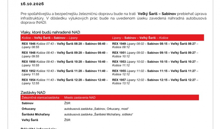 Fotka - Výluka v železničnej doprave na trati Veľký Šariš - Sabinov - 16.10.2026