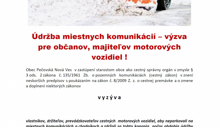 Fotka - Údržba miestnych komunikácií - výzva pre občanov, majiteľov motorových vozidiel